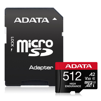 ADATA MicroSDXC karta 512GB High Endurance UHS-I C10 V30 A2 (R:100/W:85 MB/s) + SD adaptér