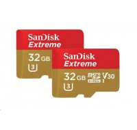 SanDisk MicroSDHC karta 32GB Extreme (100MB/s, A1 C10 V30 UHS-I U3, pro akční kamery) + adaptér, Twin Pack