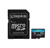 Kingston MicroSDXC karta 64GB Canvas Go! Plus, R:170/W:70MB/s, Class 10, UHS-I, U3, V30, A2 + Adaptér