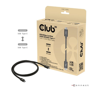 Club3D Kabel USB4 v2 Typ-C, 80Gbps, Certifikovaný kabel, 4K540Hz, 8K240Hz, 16K60Hz, PD 240W, 1,2m